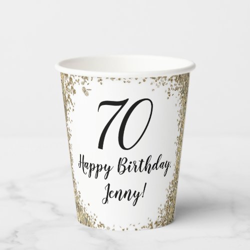 Sequin themed gold 70th birthday paper cups 