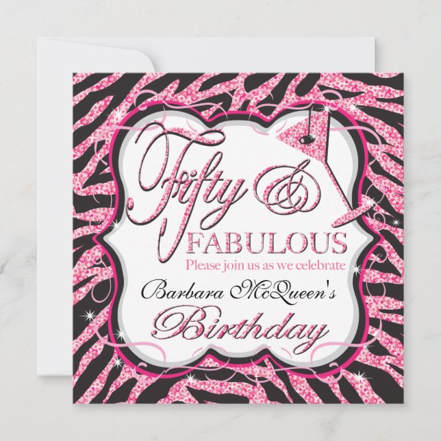 Sequin Zebra 50th Birthday Party Invitations (Front)