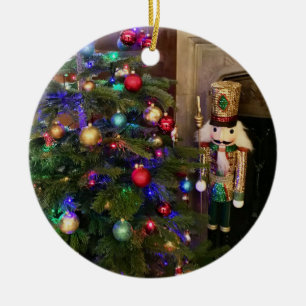 Sequined Nutcracker Soldier and Christmas Tree Ceramic Ornament