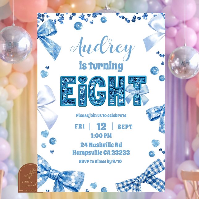 Sequins Blue Bow EIGHT aesthetic teenager birthday Invitation (Creator Uploaded)