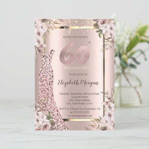 Sequins Dress Blush Flowers 60th Birthday Invitation