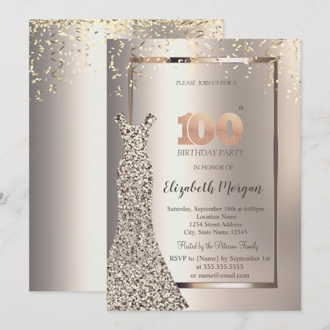 Sequins Dress Confetti Ivory 100th Birthday Invitation (Front/Back)