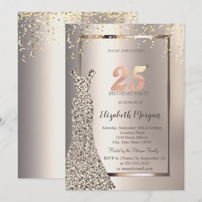 Sequins Dress Confetti Ivory 25th Birthday Invitation (Front/Back)