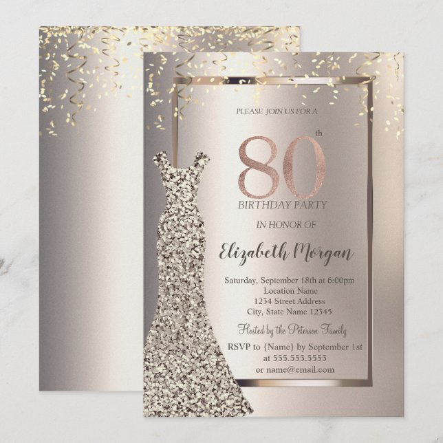 Sequins Dress Confetti Ivory 80th Birthday Invitation (Front/Back)