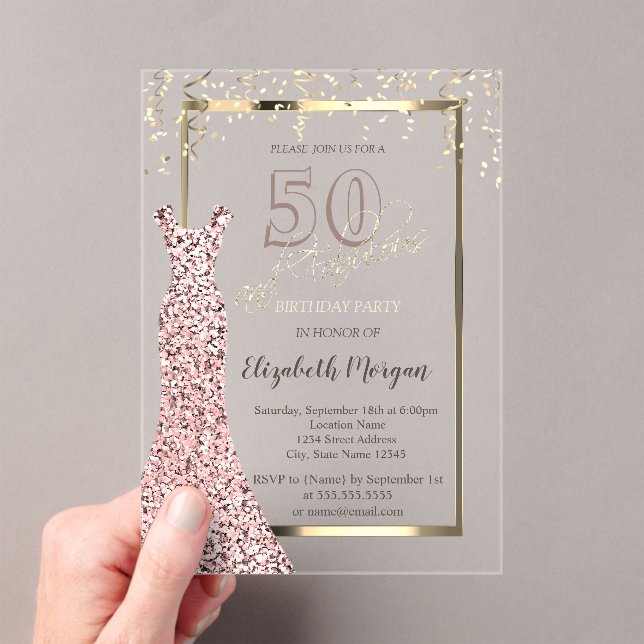 Sequins Dress Rose Gold 50th Birthday Acrylic Invitations (Insitu (Handheld))
