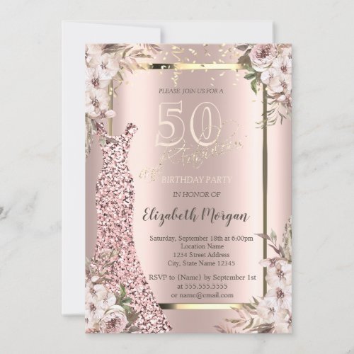 Sequins Dress Rose Gold 50th Birthday Invitation