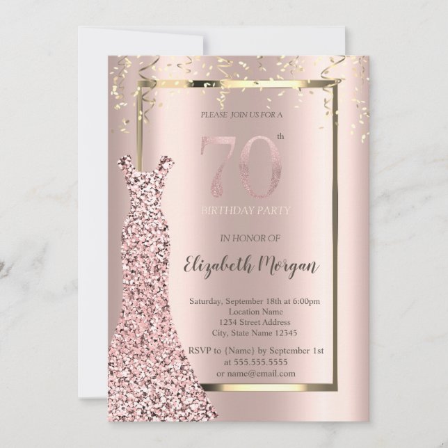 Sequins Dress Rose Gold 70th Birthday Invitation (Front)
