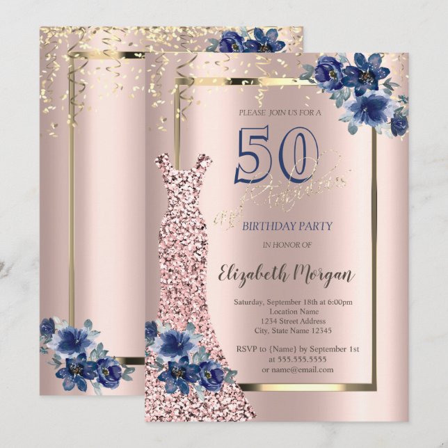 Sequins Dress Rose Gold, Blue Flowers 50th  Invitation (Front/Back)