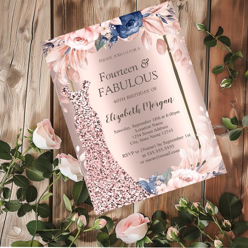 Sequins Dress Rose Gold Floral 40th Birthday   Invitation