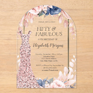 Sequins Dress Rose Gold Floral 50th Birthday   Acrylic Invitations