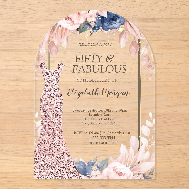 Sequins Dress Rose Gold Floral 50th Birthday   Acrylic Invitations (Front)