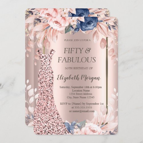 Sequins Dress Rose Gold Floral 50th Birthday   Invitation