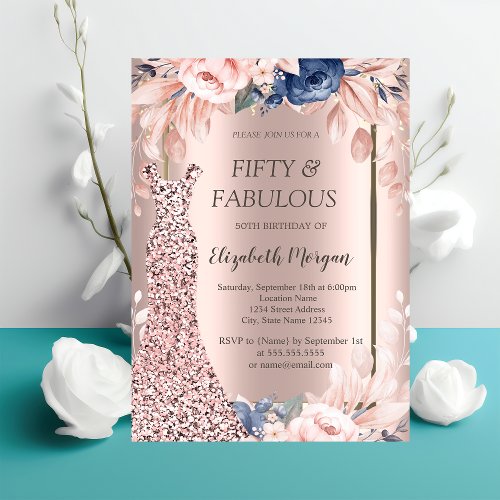 Sequins Dress Rose Gold Floral 50th Birthday   Invitation