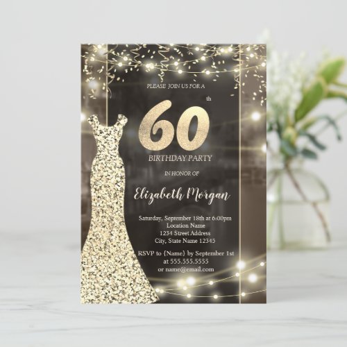 Sequins Dress String Lights 60th Birthday Invitation