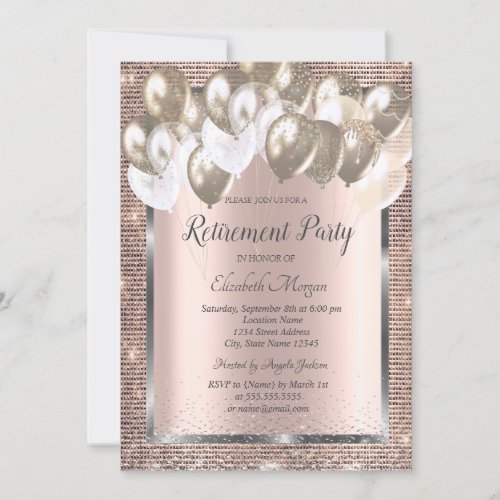 Sequins Frame Balloons Rose Gold Retirement  Invitation