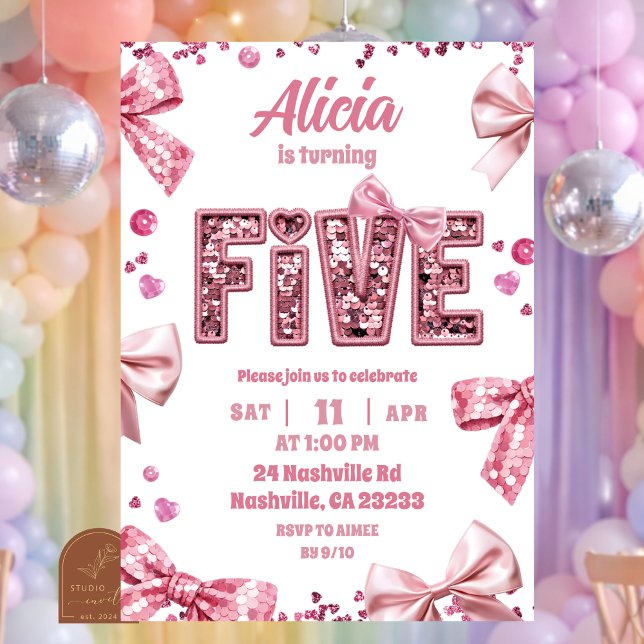 Sequins Pink Bow FIVE Girl Birthday Invitation (Creator Uploaded)
