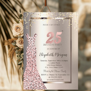 Sequins Rose Gold Dress Ivory 25th Birthday Invitation