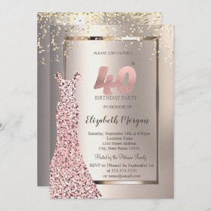 Sequins Rose Gold Dress Ivory 40th Birthday Invitation