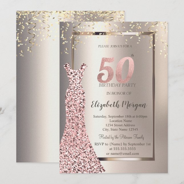Sequins Rose Gold Dress Ivory 50th Birthday Invitation (Front/Back)