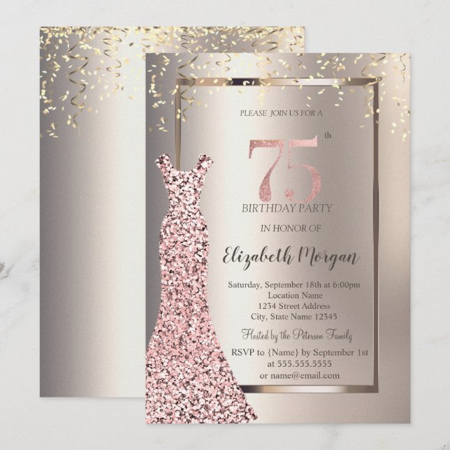 Sequins Rose Gold Dress Ivory 75th Birthday Invitation (Front/Back)