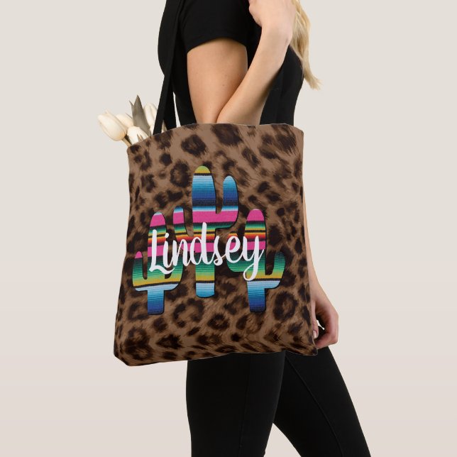 Serape Cactus Leopard Print Western Cowgirl Chic Tote Bag (Close Up)