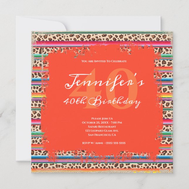 Serape Leopard Grunge Safari Orange 40th Birthday Invitation (Front)