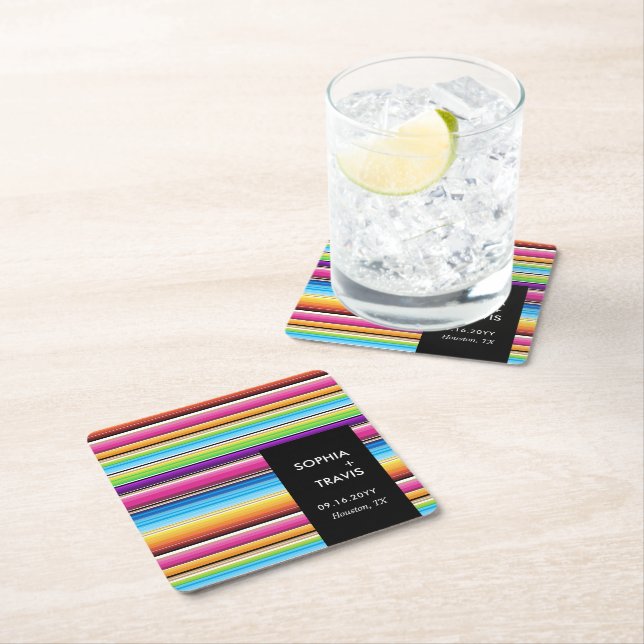 Serape Spring Stripes | Wedding  Square Paper Coaster (Insitu)