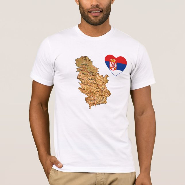 Serbia Flag Heart and Map T-Shirt (Front)