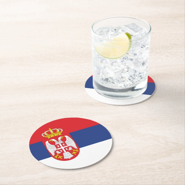 Serbia flag round paper coaster (Insitu)
