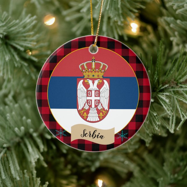 Serbia, Red buffalo plaid & Serbian Flag Ceramic Ornament (Tree)