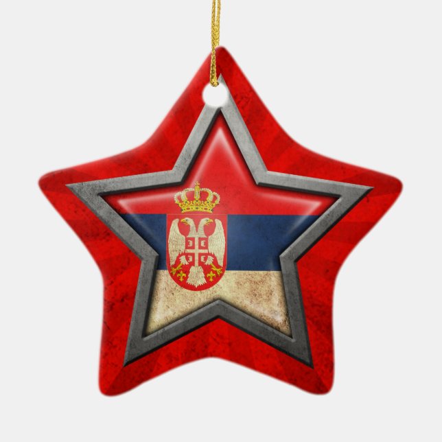 Serbian Flag Star with Rays of Light Ceramic Ornament (Front)