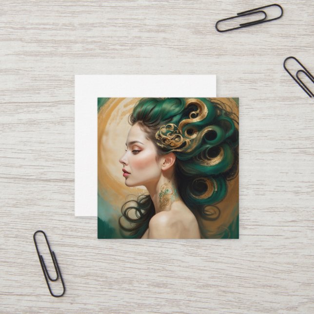 “Serelith” - Curls of Celestial Jade   Square Business Card (Front/Back In Situ)