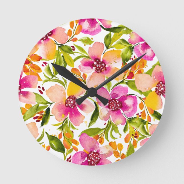 Serena Pink and Yellow Watercolor Floral  Round Clock (Front)