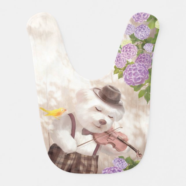 Serenade in Nature: Smiling Bichon Playing Violin Baby Bib (Front)