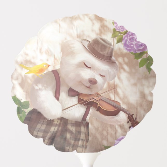 Serenade in Nature: Smiling Bichon Playing Violin Balloon (Front)