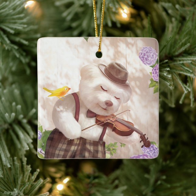 Serenade in Nature: Smiling Bichon Playing Violin Ceramic Ornament (Tree)