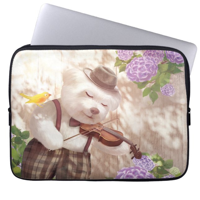 Serenade in Nature: Smiling Bichon Playing Violin Laptop Sleeve (Front)