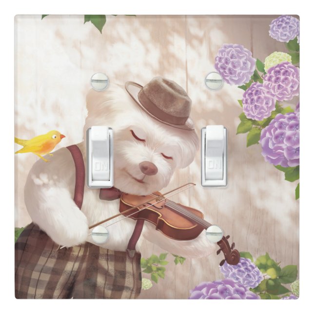 Serenade in Nature: Smiling Bichon Playing Violin Light Switch Cover (In Situ)
