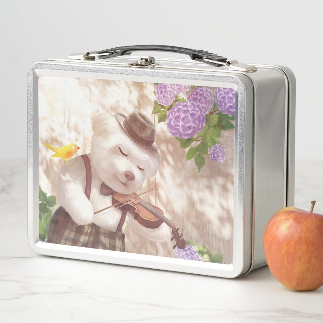 Serenade in Nature: Smiling Bichon Playing Violin Metal Lunch Box (In Situ)