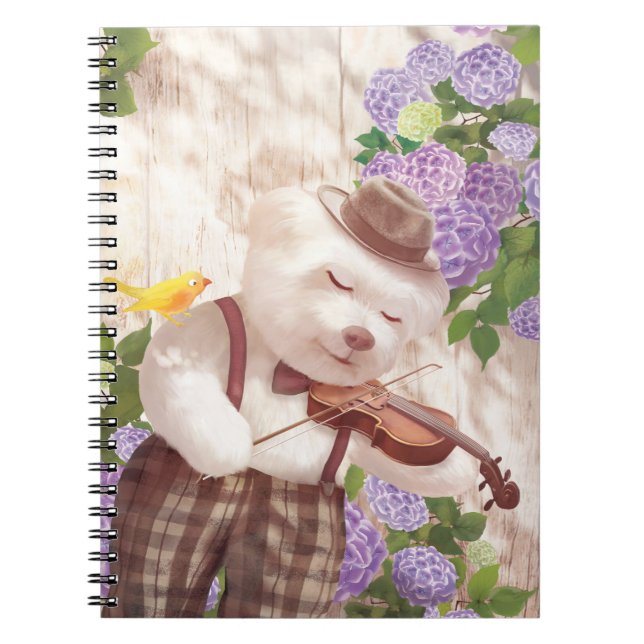 Serenade in Nature: Smiling Bichon Playing Violin Notebook (Front)