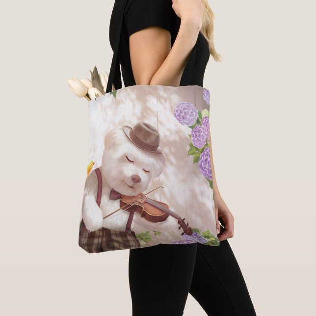 Serenade in Nature: Smiling Bichon Playing Violin Tote Bag (Close Up)