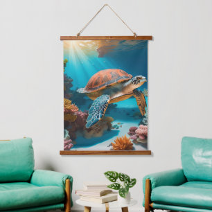 Serene 3D Sea Turtle in Ocean -Tranquil Marine Lif Hanging Tapestry