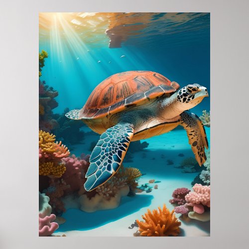 Serene 3D Sea Turtle in Ocean _Tranquil Marine Lif Poster