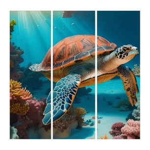 Serene 3D Sea Turtle in Ocean -Tranquil Marine Lif Triptych