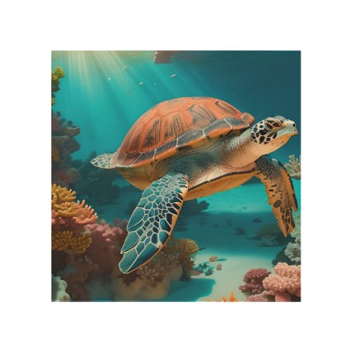 Serene 3D Sea Turtle in Ocean _Tranquil Marine Lif Wood Wall Art