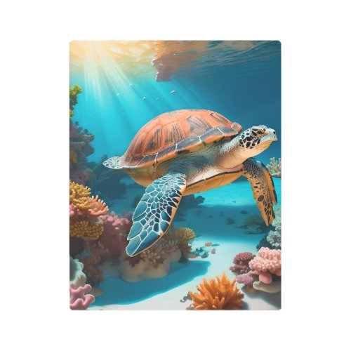 Serene 3D Sea Turtle in Ocean Tranquil Marine Life Metal Print