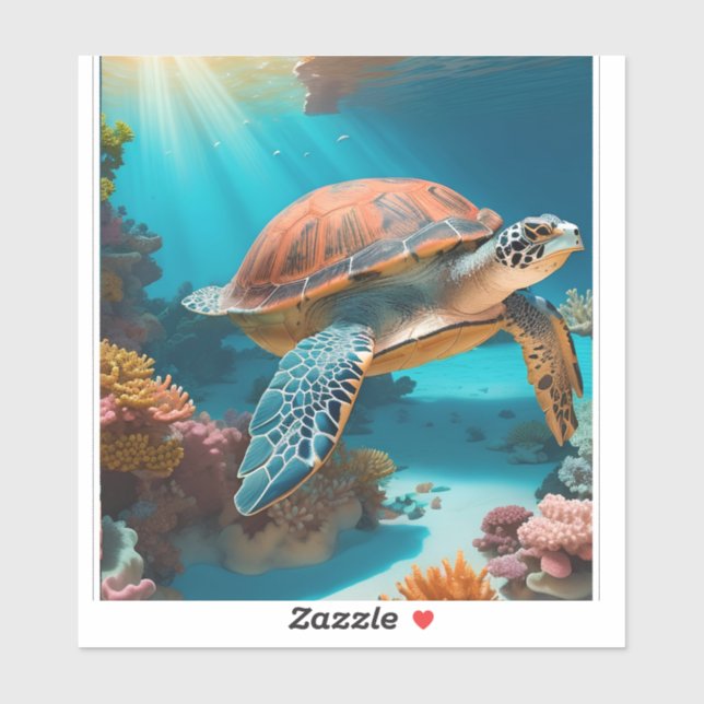 Serene 3D Sea Turtle in Ocean Tranquil Marine Life Sticker (Sheet)