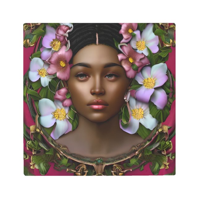 Serene African-American Woman with Flowers Metal Print (Front)