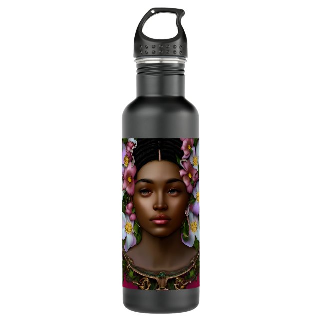 Serene African-American Woman with Flowers Stainless Steel Water Bottle (Front)