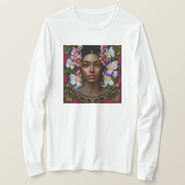 Serene African-American Woman with Flowers T-Shirt (Design Front)